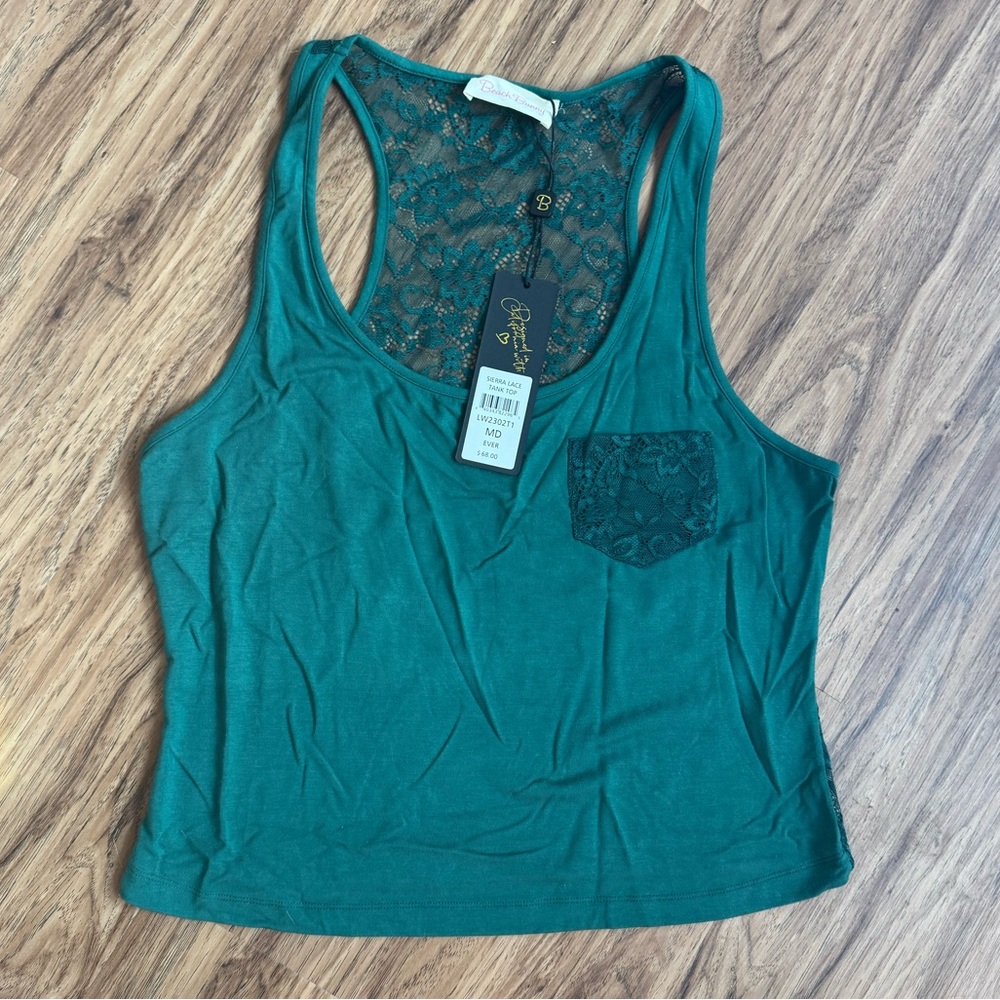Beach Bunny Teal Lace Accent Tank Top